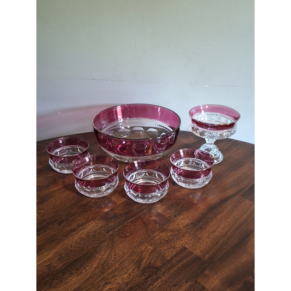 Vintage Cranberry Flashed Glass Dessert Set 6pc Thumbprint Bowls Set See Pics